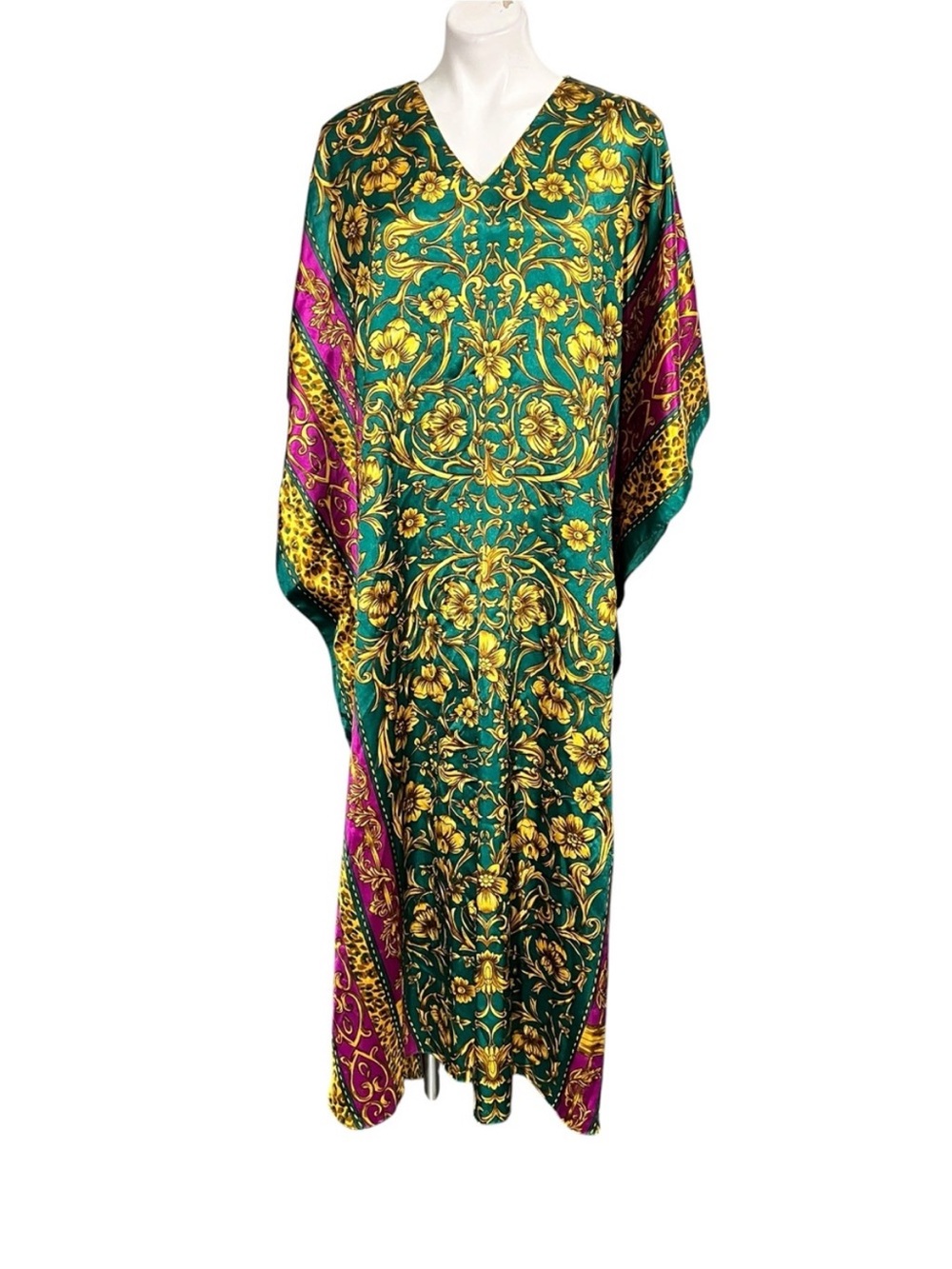 Winlar Vintage Teal Green Purple and Gold Scroll Floral Maxi Caftan Dress OS